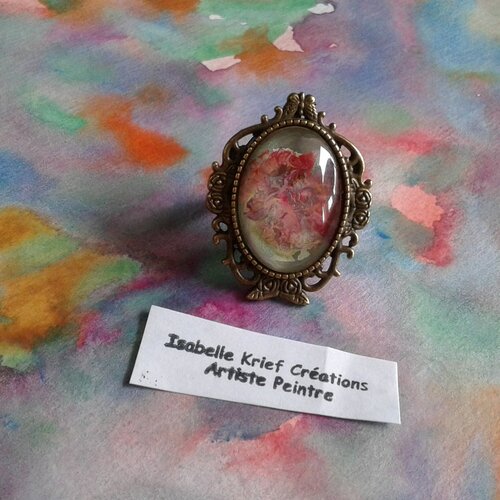 Bague laiton ajustable avec cabochon oval en verre,peinture originale art abstrait fantastique,cadeau fete anniversaire noel