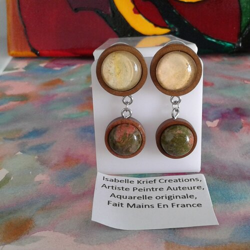 Unakite pierre semi precieuse,boucles oreilles bois acier,cabochons rond,aquarelle originale ooak,fait en france,jaune orange vert