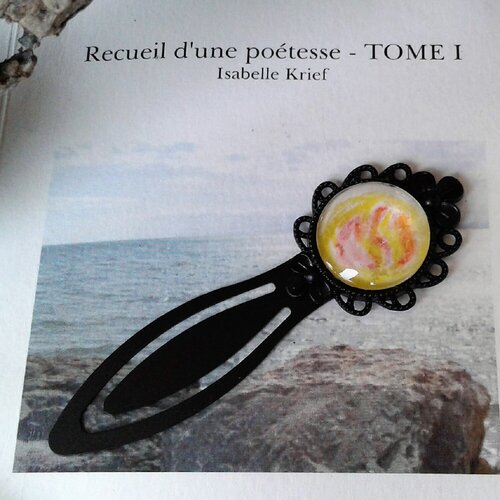 Aquarelle fleur,jaune rose orange,peint par artiste,marque page noir,cabochon verre rond 20 mm,victorien gothique boheme,accessoire livre
