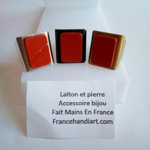 Taille fr58,chevaliere bague laiton argente taille fr 58 avec cabochon rectangle plat jaspe rouge,pierre gemme semi precieuse,cadeau fete
