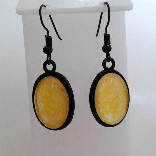 Aquarelle originale,par artiste peintre française,cabochons ovales 13x18mm,boucle oreille crochet noir,jaune marron beige,art contemporain