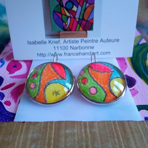 Peint artiste française,boucles oreilles dormeuses argent rhodie, cabochons ronds 25mm,aquarelle originale bleu rose orange jaune vert