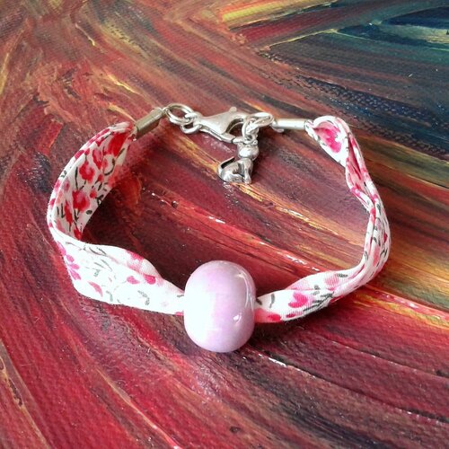 Bracelet liberty avec perle ronde ceramique et breloque chat en argent,cadeau fete anniversaire noel,fait mains en france