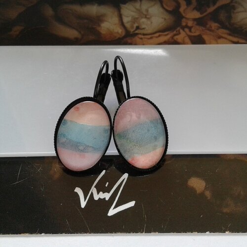 Dormeuses ovales,aquarelle originale ,rose bleu noir,bobo boho gothique abstrait,art deco victorien fashion