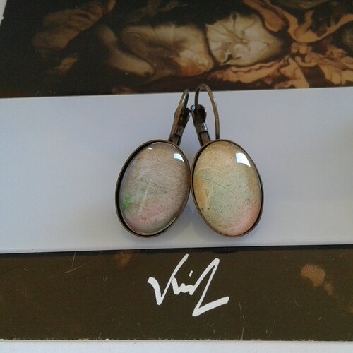 Dormeuses ovales,aquarelle originale ooak,artiste peintre française,jaune vert rose violet bronze