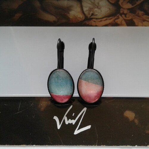 Dormeuses ovales,aquarelle originale ,bleu orange rouge noir,bobo boho gothique abstrait,baroque,victorien