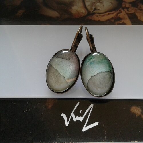 Dormeuses ovales,aquarelle originale ooak,artiste peintre française,vert jaune gris bronze