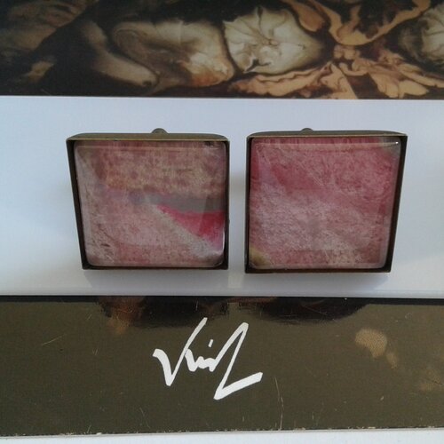 Boutons manchette laiton bronze avec cabochons carres aquarelle