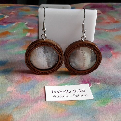 Boucles oreilles bois,aquarelle originale,marron gris orange noir,crochets acier,bobo boho gothique abstrait