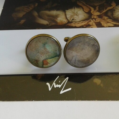 Boutons manchette ronds,aquarelle originale,marron violet vert bronze,bobo boho gothique abstrait,idée cadeau
