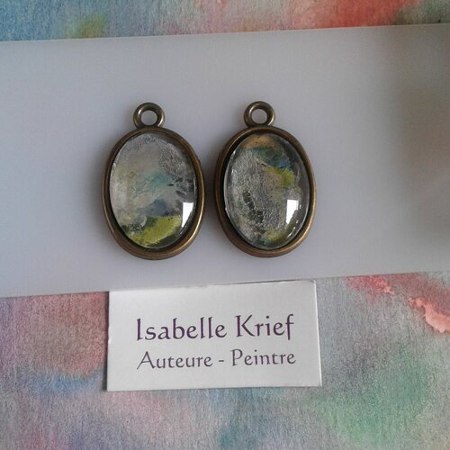 2 pendentif breloque aquarelle originale d isabelle krief artiste peintre,cabochon oval,peint bleu vert,fourniture fait mains en france