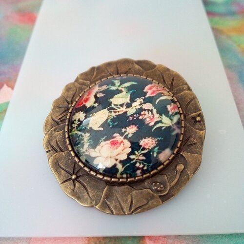 Broche pendentif laiton bronze,fleur martelée et cabochon en verre rond imprime liberty bleu rose orange,boho bobo,cadeau fete anniversaire