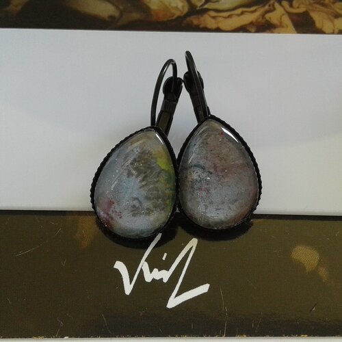 Dormeuses gouttes,aquarelle originale bleu gris violet,vert rouge noir,bobo boho gothique,baroque victorien