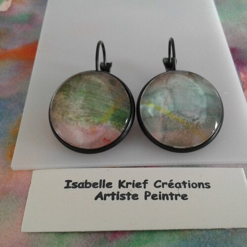 Boucles oreilles dormeuses avec cabochons ronds en verre,aquarelle originale, artiste peintre,bijou fait mains en france,cadeau fete noel