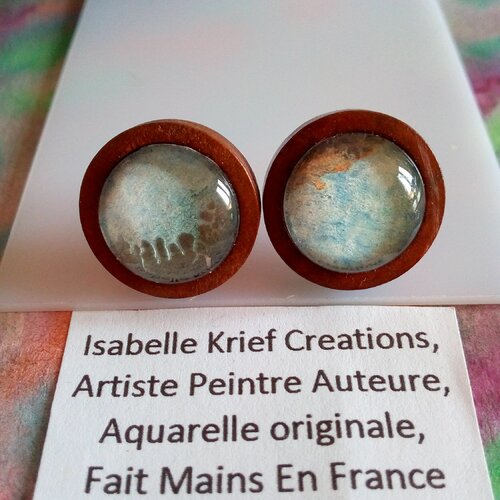 Boucles oreilles rondes en bois avec cabochons verre aquarelle,fermoirs clous poussoirs tiges acier inoxydable