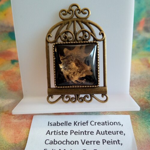 Peint artiste francaise,broche cage laiton bronze avec cabochon carré et fermoir epingle,art abstrait fantastique fait mains en france