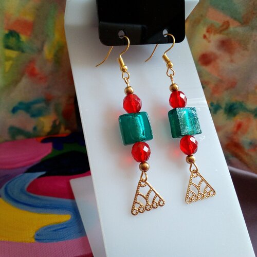 Boucles oreilles perles verre ovale facettes boheme,carre lampswork fil argent et breloques avec crochets plaque or,cadeau fete anniversaire