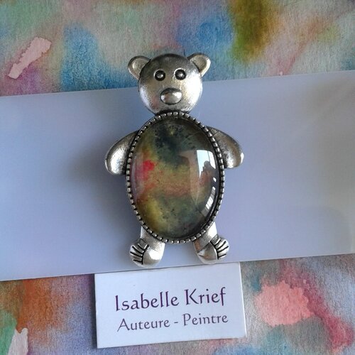 Aquarelle originale ,broche ourson nounours argente,noir jaune rouge,fermoir epingle,bobo boho gothique,anima