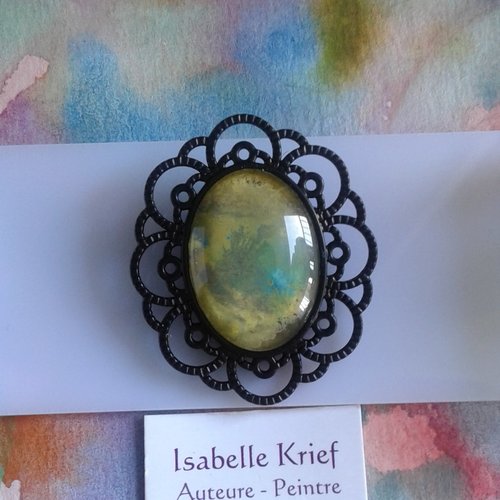 Aquarelle originale française,broche fleur filigrane ovale,vert jaune bleu noir,epingle,boho gothique,edouardien