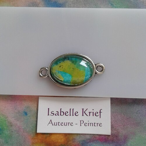 Pendentif connecteur laiton avec cabochon oval en verre, peinture aquarelle originale,bleu vert,fourniture fait main en france,diy bijou