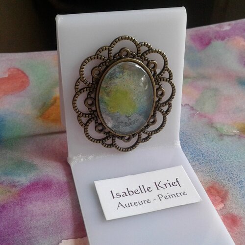 Aquarelle originale française,broche ovale laiton,epingle,fleur filigrane,bleu vert,cadeau fete anniversaire noel