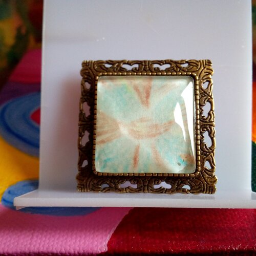Broche aquarelle originale avec cabochon en verre carre,bleu marron,par artiste peintre française,fermoir,cadeau fete anniversair