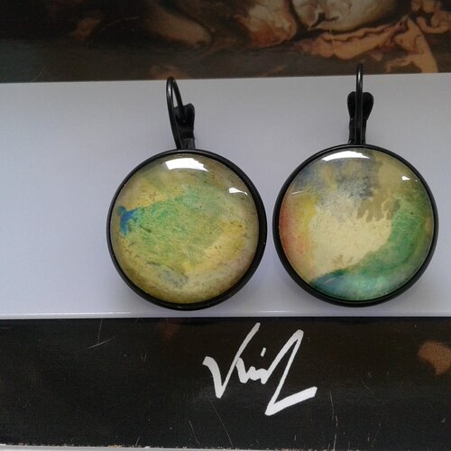 Aquarelle originale dormeuses rondes,jaune bleu vert noir,bobo boho gothique,art deco abstrait moderne