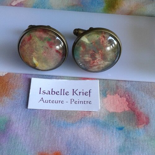 Aquarelle originale,boutons manchettes ronds,rouge marron jaune vert bronze,bobo boho gothique,art abstrait