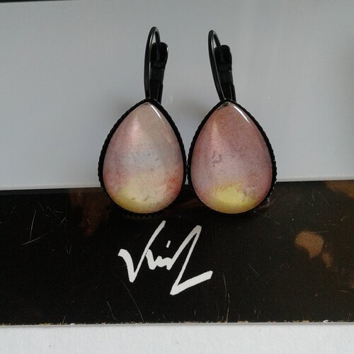 Aquarelle originale,dormeuses gouttes,rose jaune noir,bobo boho gothique,victorien abstrait,fait en france