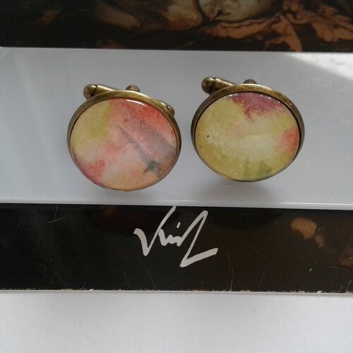 Aquarelle originale ,boutons manchettes ronds,jaune rouge bleu bronze,bobo boho gothique,art moderne abstrait