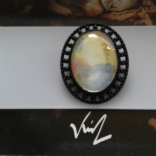 Aquarelle originale ,broche ovale fermoir epingle,jaune bleu orange noir,roulement,bobo boho gothique,victorien