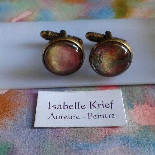 Aquarelle originale ooak,artiste peintre française,boutons de manchette ronds,rouge marron jaune vert bronze,bobo boho gothique,abstrait