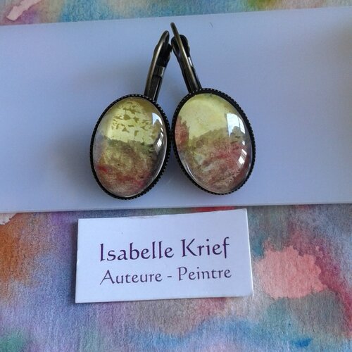 Aquarelle originale,dormeuses ovales,jaune rouge marron bronze,bobo boho gothique victorien,abstrait moderne