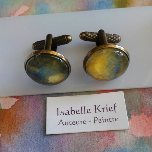 Aquarelle originale ooak,artiste peintre française,boutons de manchette ronds,jaune bleu orange noir bronze,bobo boho gothique,idee cadeau