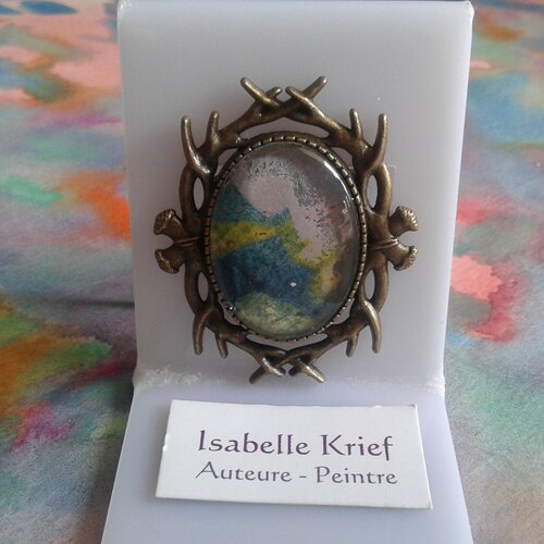 Aquarelle originale ooak,artiste peintre française,broche ovale,branche epine enlacée,bleu vert violet bronze,bobo boho gothique victorien