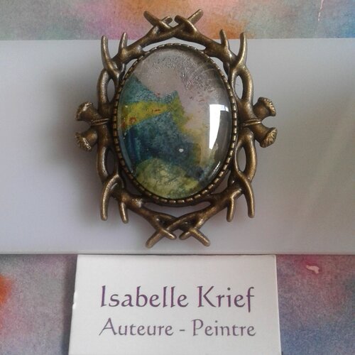 Aquarelle originale française,broche ovale,branche epine enlacée,bleu vert violet bronze,bobo boho gothique victorien