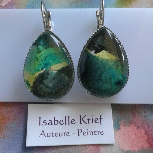 Aquarelle originale française,dormeuses gouttes argente rhodié,jaune vert noir,bobo boho gothique victorien,abstrait