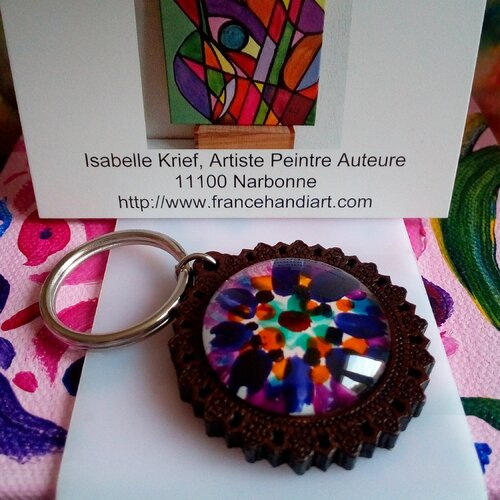 Verre peint,porte cle fleur en bois,anneau acier avec cabochon rond, violet orange bleu blanc,cadeau fete anniversaire noel