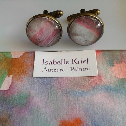 Aquarelle originale ooak,artiste peintre française,boutons manchette rond,violet rose bronze,bobo boho gothique,cadeau fete