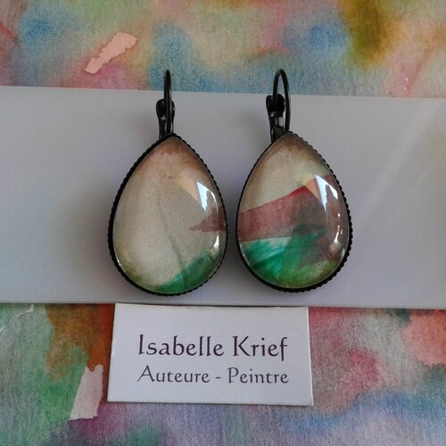 Boucles oreilles laiton avec cabochons verre goutte vert rouge noir,aquarelle originale,fait mains en france,cadeau fete anniversaire