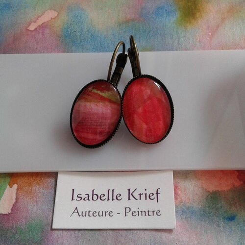 Boucles oreilles dormeuses avec cabochons en verre ovales, aquarelle peinture originale rouge rose,fait mains en occitanie