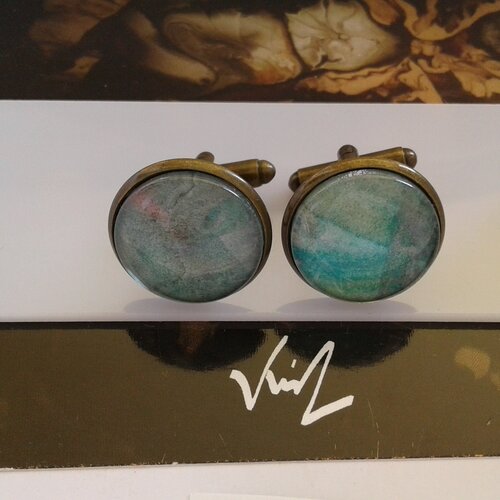Aquarelle originale ooak,artiste peintre française,boutons manchette rond,bleu vert rose bronze,bobo boho gothique,fait en france