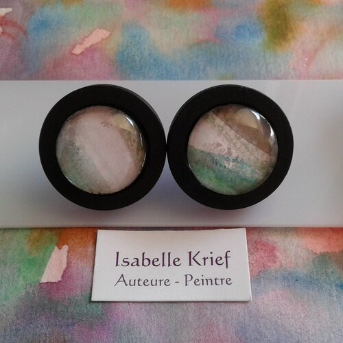 Aquarelle originale ooak,artiste peintre française,clous oreilles bois acier,poussoir,vert marron blanc noir,bobo boho gothique punk