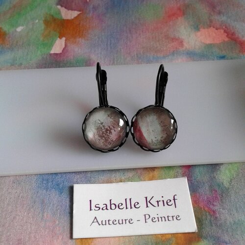 Aquarelle originale peintre française,dormeuses rondes fleur,vert violet noir,bobo boho gothique,cadeau fete