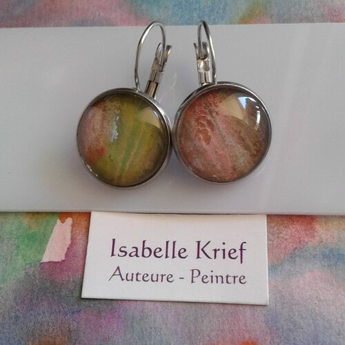 Aquarelle originale,dormeuses rondes acier,rouge marron vert argent,bobo boho gothique,fashion punk