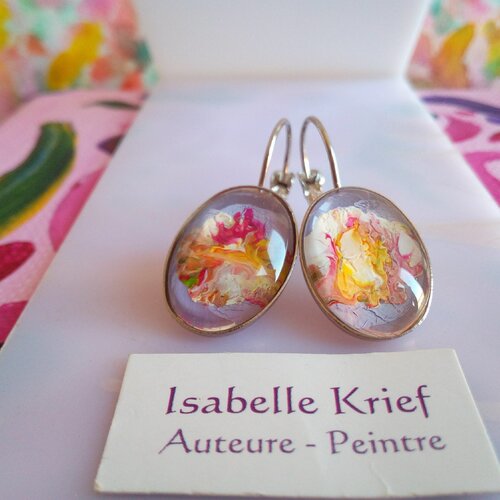 Boucles oreilles dormeuses laiton argente avec cabochons ovales peints par artiste,violet rouge blanc rose jaune orange,art nouveau