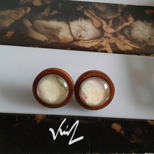 Aquarelle originale clous oreilles bois,dia 14mm,poussoir acier,jaune vert marron rouge,bobo boho gothique
