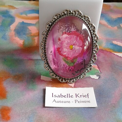 Peint artiste francaise broche ovale fleurie en laiton argente,bijou signature,avec fermoir epingle,fait mains en france,cadeau fete