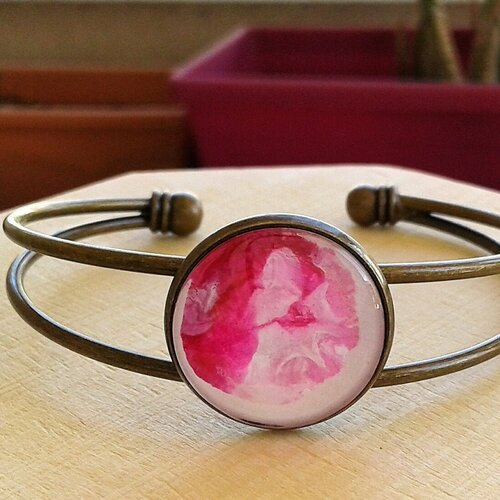 Peint artiste francaise,bracelet jonc avec cabochon en verre rond rose et blanc,fait mains en france,cadeau fete anniversaire noel