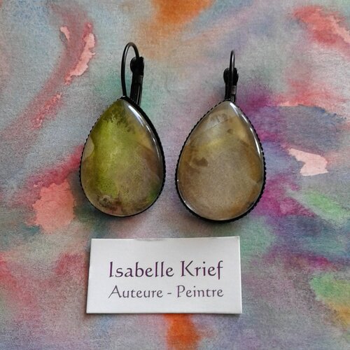 Peint artiste française,aquarelle jaune vert marron,dormeuses goutte,laiton noir,fait mains en france